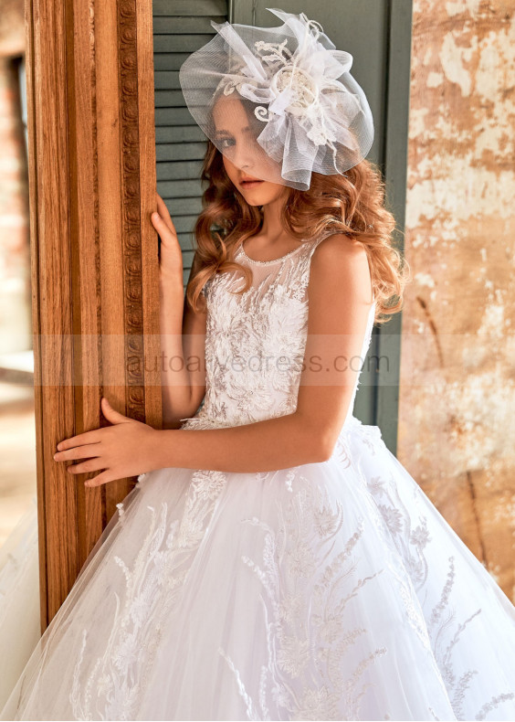 Beaded White Lace Tulle V Back Romantic Flower Girl Dress